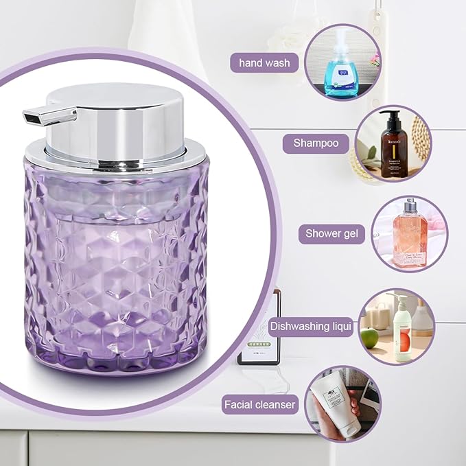 10 Oz Glass Hand Soap Dispenser with Pump, Refillable Bathroom Gold Foaming Soap Dispenser, Vintage Glass Diamond Lotion Container Bottle for Bathroom and Kitchen (1, Purple and Silver)