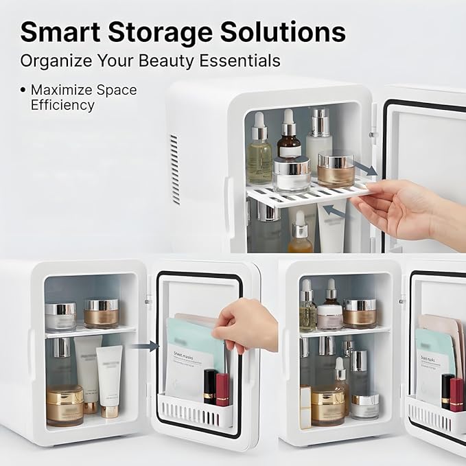 Lispin Mini Fridge for Bedroom, 4L Skincare Fridge with Dimmable LED Light Mirror for Dorm & Office, Portable Cooler & Warmer Small Compact Refrigerator for Skincare (White-4L（cold and warm）)