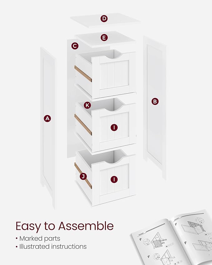 VASAGLE Floor Storage Cabinet, Freestanding Storage Unit with 3 Drawers, 11.8 x 12.6 x 31.9 Inches, for Bathroom, Living Room, Kitchen, Modern Style, Matte White UBBC050WH01S