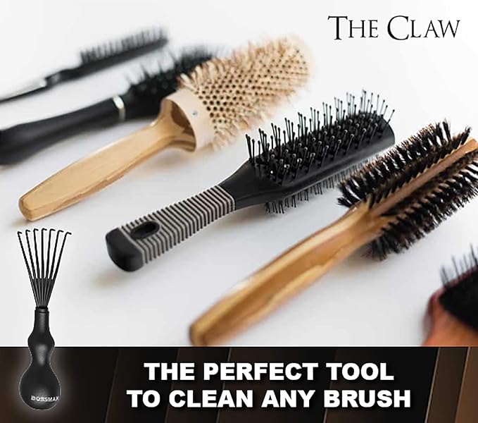 Bossman THE CLAW Hair Brush Cleaner Tool (3-Inch) – Black Cleaning Rake for Boar Bristle, Wave & Plastic Brushes and Combs – Pet Brush Cleaner