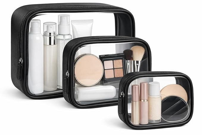 Clear TSA Approved Toiletry Bag - 3-Pack (Large, Small & Mini) Clear Makeup Cosmetic Bag with Zipper, Quart Size Travel Essential Organizer for Women, Car Bag Organizer & Car Organization Essentials