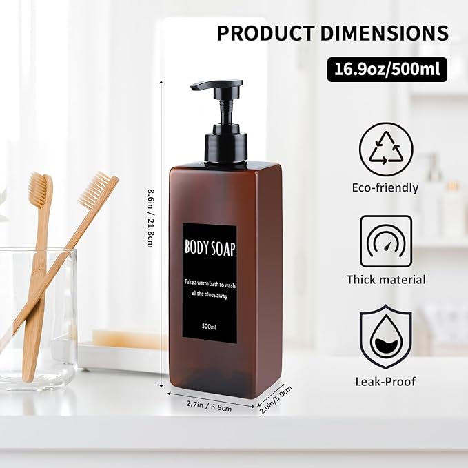 Shampoo and Conditioner Dispenser (Set of 2, 16.9oz) Modern Refillable Shampoo Pump Bottles for Shower Soap - Empty Body Wash Dispenser Set for Bathroom (Amber)