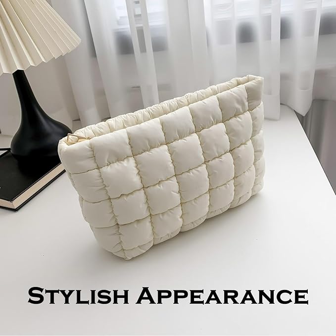 Puffy Quilted Makeup Bag for Women, Cosmetic Bag, Travel Toiletry Organizer Pouch Clutch (white)