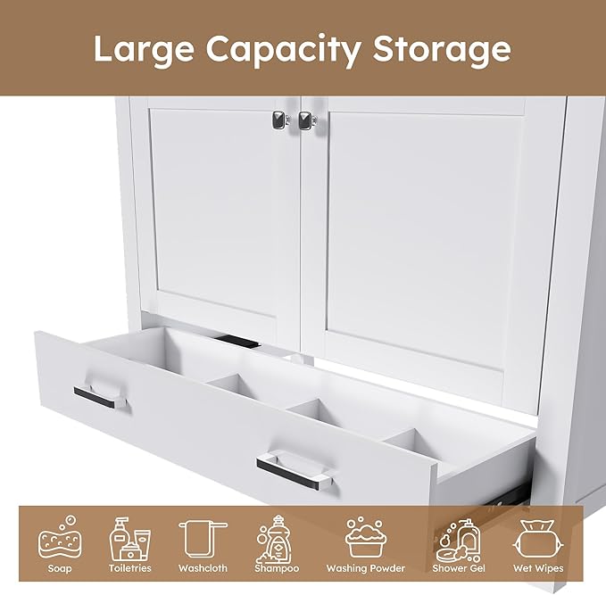 Montary 42" Bathroom Vanity Without Sink, Modern Stylish MDF Bathroom Storage Cabinet, Freestanding Vanity with 2 Doors and One Large Divided Drawer, White (NOT Include Sink)