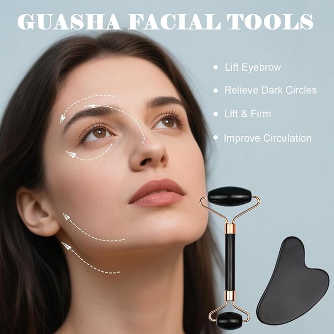 Gua Sha Facial Massage Tool and Roller Set, Facial Massager for Face, Neck, Arms, Eyes, Reduce Puffiness, Improve Wrinkles, Daily Self-Care Gift for Men and Women Emerald Green Pink White