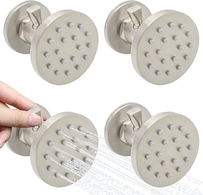 Brass Shower Body Jets with Adjustable Flow, Massage Spa Brushed Nickel Round Body Spray Shower Side Wall Sprayer Head Jets, 4 pcs, Water Saving