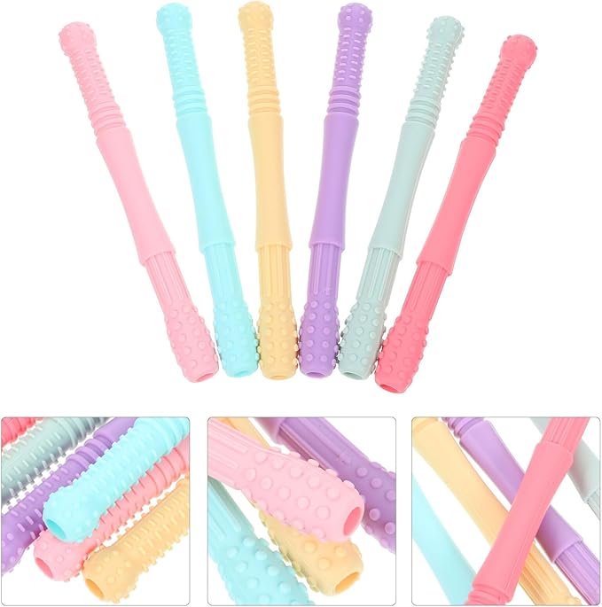 Beaupretty 6pcs Silicone Chewing Tubes for Boy Girl Food-Grade Hollow Chewing with Sensory Bright Colors Soothing Gum Massager for Teething Relief and Brain Development Random Color