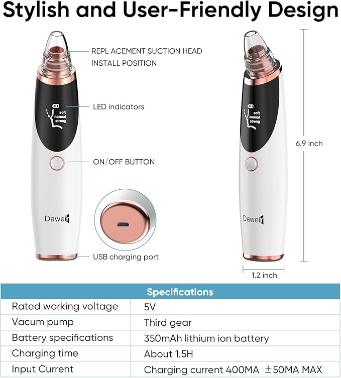 Blackhead Remover Pore Vacuum for Face & Nose – Deep Cleansing Blackhead Remover Tools with 3 Suction Levels, 5 Replaceable Tips, USB Rechargeable Pore Cleaner