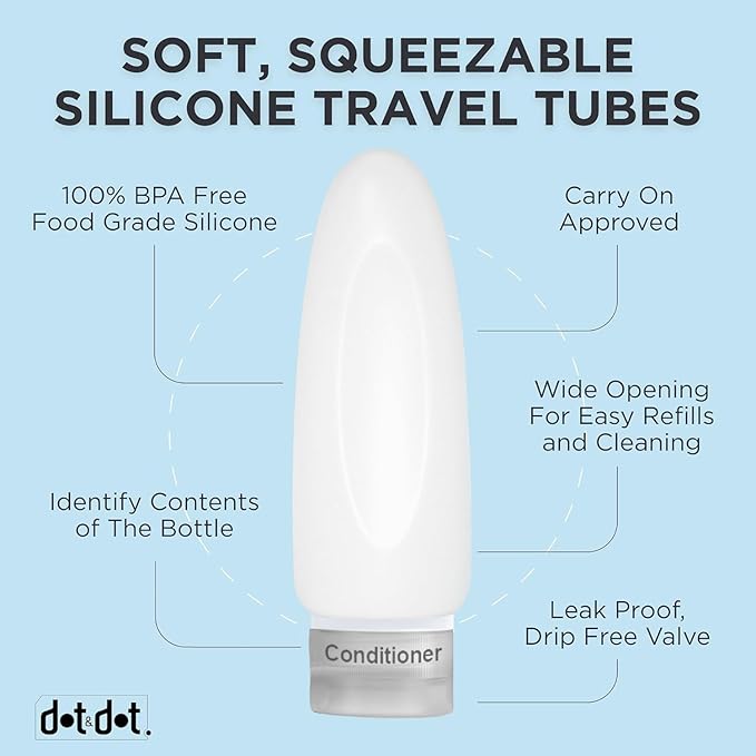 Dot&Dot Leak Proof TSA Approved Travel Bottles for Toiletries - 3oz Shampoo and Conditioner Travel Size Containers - Silicone and Labels