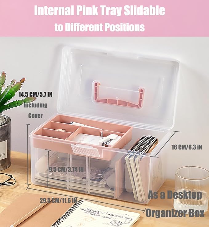 Clear Plastic Office Supply Art & Craft Storage Box, Sewing Box Organiser Large with a Removable Tray & Adjustable Partition, Portable Travel Makeup Case (Clear & pink)