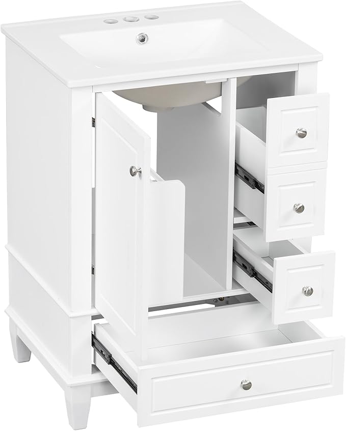24" Bathroom Vanity with Sink, Harper & Bright Designs Free Standing Single Vanity Set with 3 Drawers and One Door with Storage Racks, Solid Wood Storage Cabinet with Ceramic Basin for Bathroom, White
