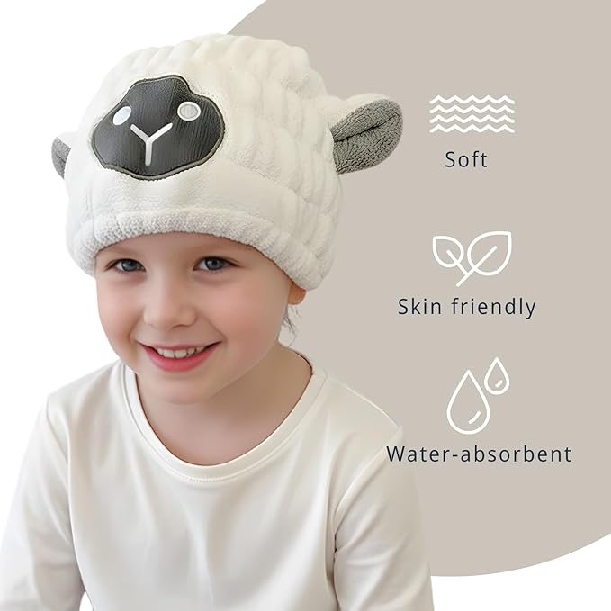 Microfiber Hair Towel Wrap for Kids, White Sheep Dry Hair Cap Suck Water, Absorbent Quick Girls Boys Hair Drying Towel, Lightweight Bouncy Hat Headscarf