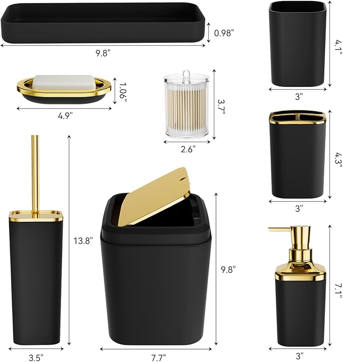 Bathroom Accessories Set - Luxury Black Bathroom Set, 9 Pieces Bathroom Accessory Set, Black Bathroom Accessories with Trash Can, Toilet Brush & Soap Dispenser
