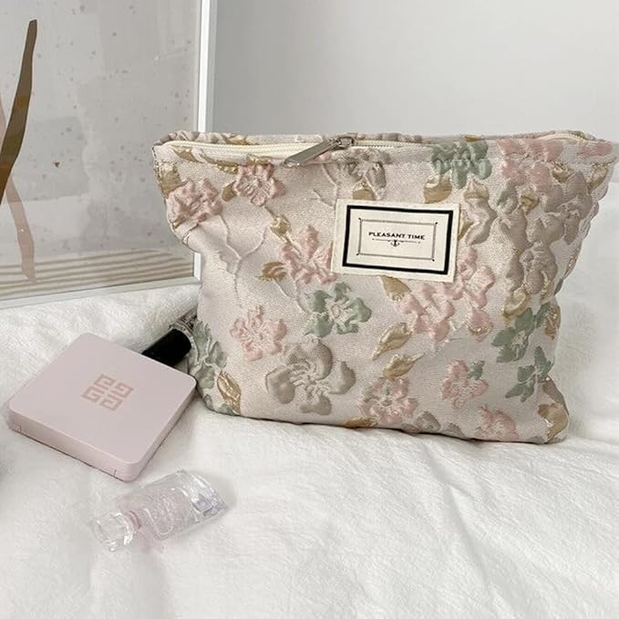 SxoSyo Makeup Bag Cosmetic Bags for Women Large Make up Brushes Pouch Travel Toiletry Purse Organizer for Gifts (Stereo flower, pink)