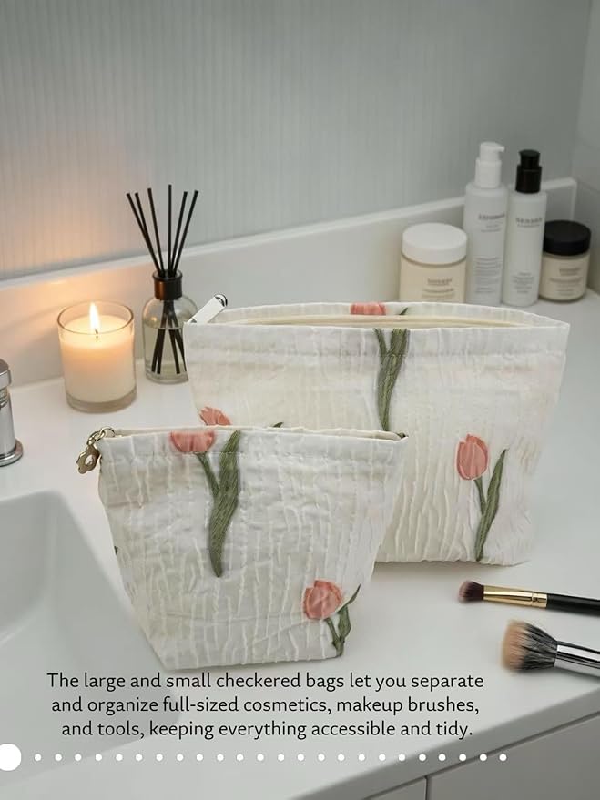 2-Pack Tulip Print Makeup Bag Set - White Fabric Cosmetic Organizer Pouches (1 Large + 1 Small) for Daily & Travel Use