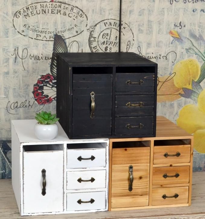 Rustic Distressed Beauty Organizer 4 Drawers - Wooden Cosmetic Storage Box for Neat & Home Office Desk &Organize &Storing of Makeup holder Tools,Bathroom Counter-top (Rustic White, L)