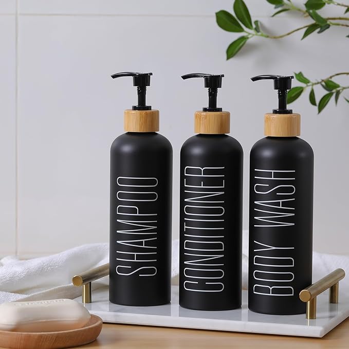 HOMCDALY 16oz 3-Pack Refillable Black Bathroom Shower Set - Empty Bottles with Pump for Shampoo, Conditioner, or Body Wash