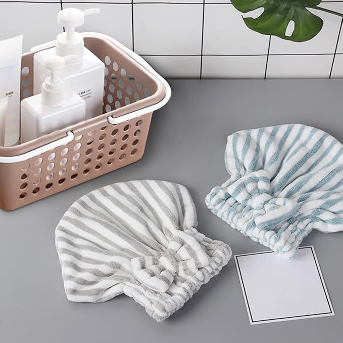 Microfiber Hair Towel Cap,Soft Absorbent Quick Drying Cap for Curly Thick Hair, Wrap Cap for Women Girls-Set of 2 Pcs（Blue White/Gray White）
