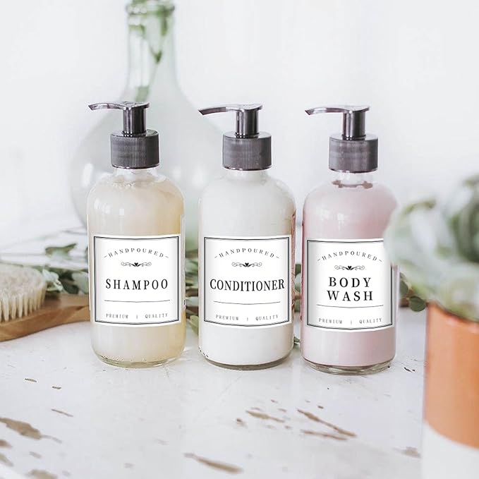 12PCS Bathroom Labels for Bottles,Minimalist Bathroom Organization Labels,Waterproof Bottle Labels for Shampoo Conditioner Body Wash(White)