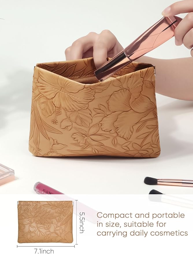 Brown Floral Leather Makeup Pouch Set for Women Small Make Up Bag for Purse Waterproof Initial Makeup Cosmetic Bags Pouches for Purse Aesthetic Travel Toiletry Bag