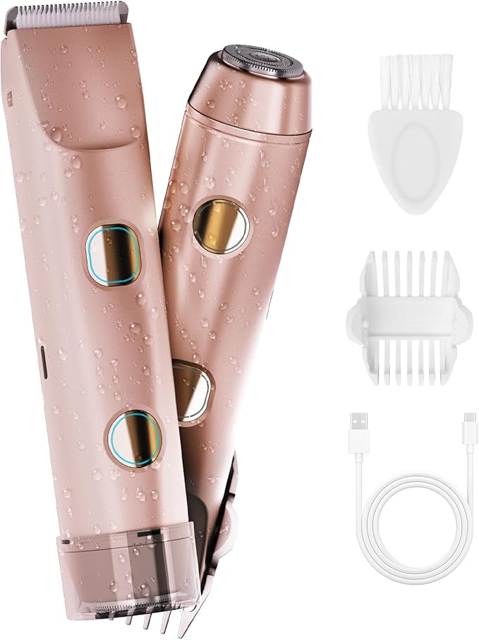 2-in-1 Bikini Trimmer for Women, IPX7 Waterproof Electric Shaver, Body Hair Trimmer & Electric Razor for Face, Lips, Pubic Area, Legs, Rose Pink