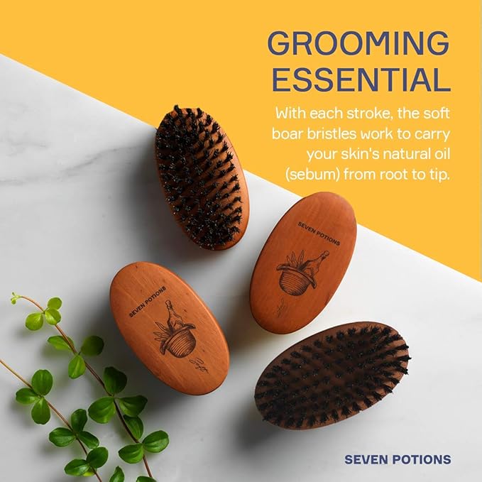 Seven Potions Beard Brush For Men - Pear Wood Handle with Soft Second-Cut Boar Bristles - Soft Bristles To Tame and Soften Your Facial Hair