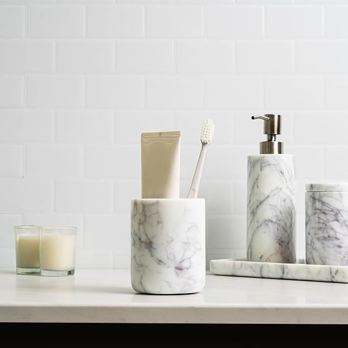 Cork & Mill Marble Bathroom Accessories Set, Complete 3 Piece Set with Soap Dispenser, Toothbrush Holder & Canister with Lid for Qtips, White Marble Bath Countertop Vanity Decor Organizer