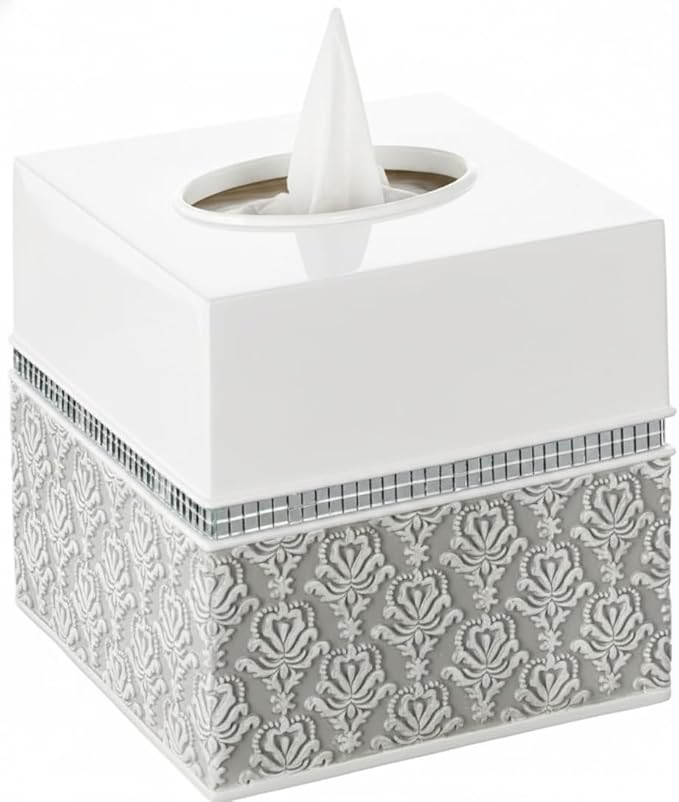 Creative Scents Mirror Damask Square Tissue Box Cover - Decorative Bathroom Tissues Paper Holder, Modern Napkins Container, Bottom Slider, for Cute Elegant Bathroom Decor (White & Gray)