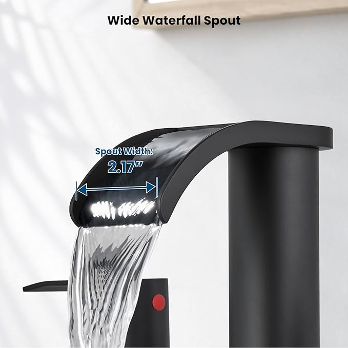 gotonovo Waterfall 8 inch Widespread Bathroom Faucet Set Bathroom Sink Faucet 3 Hole 2 Handle Vanity Lavatory Deck Mount with Pop Up Drain and Water Supply Lines Round Body Matte Black & Brushed Gold