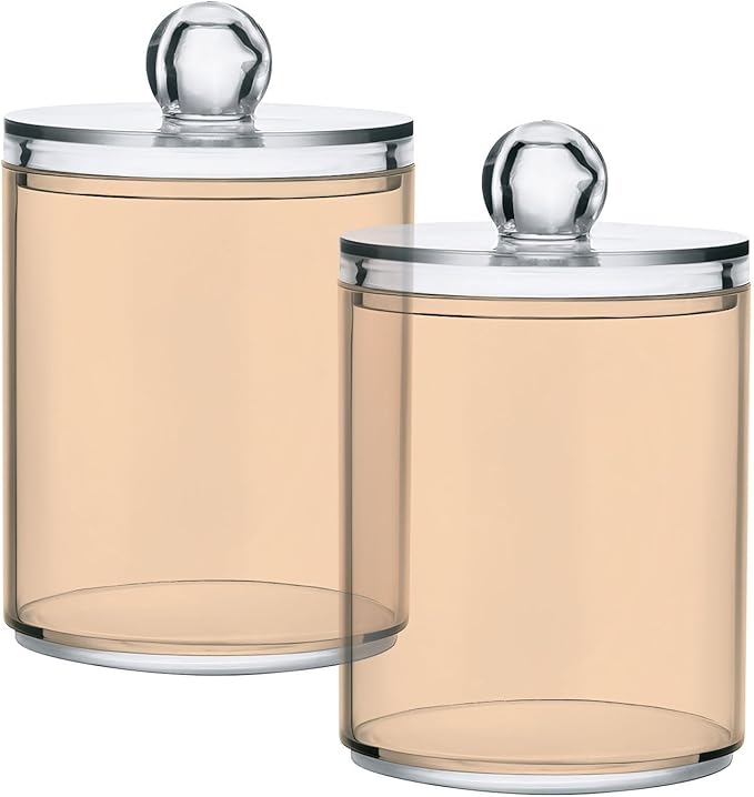 Peach Puff Qtip Holder Organizer Dispenser Cotton Swabs Cans Plastic Jars with Lid Set 2 Pack Bathroom Storage Canister for Cotton Ball Floss Cotton Pads