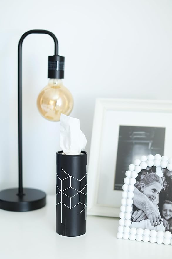 Cylinder Car Facial Tissue Holder, 5 Pack, 50 Tissues Per Cylinder, with Easy Open Lid, 3-Ply Tissues for Your car, Home and Office. Geometric Patterns (Geometric Patterns)