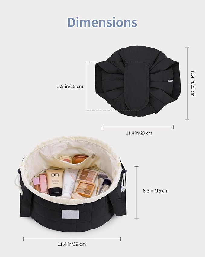 Narwey Quilted Drawstring Makeup Bag, Large Cosmetic Bag Make up Bags Toiletry Bag Travel Bags for Toiletries Organizer for Women Gift for Teen Girls (Black) (Patent)