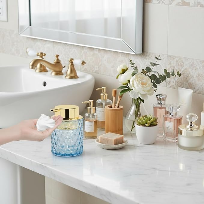 2pcs Amber Foaming Soap Dispenser, Glass Soap Dispenser with Gold Pump, Bathroom Refillable 10 Oz Lotion Shampoo Pump Container Vintage Diamond Bottle for Bathroom and Kitchen