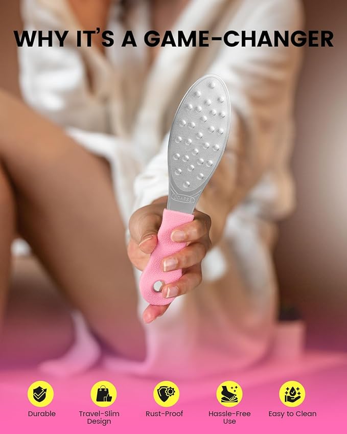 BEZOX Slim Metal Foot File Callus Remover(1 PCS) – Double-Sided Foot Scrubber for Cracked Heels & Dead Skin, Portable Pedicure Tool with Non-Slip Handle, Travel-Friendly Foot Care Essential - Pink