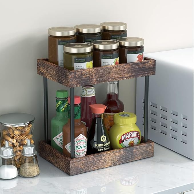 2 Tier Bathroom Organizer Countertop, Wooden Bathroom Trays for Counter Vanity Organizer Cosmetic Storage Vanity Organizer, Coffee Station Organizers, Kitchen Spice Rack
