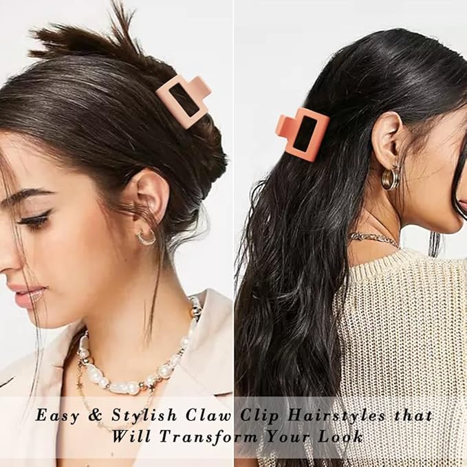 4 Pack Matte Hair Clips for Thin & Thick Hair - 2 Square Medium Claw Clips in Neutral Color (Cute for Women)