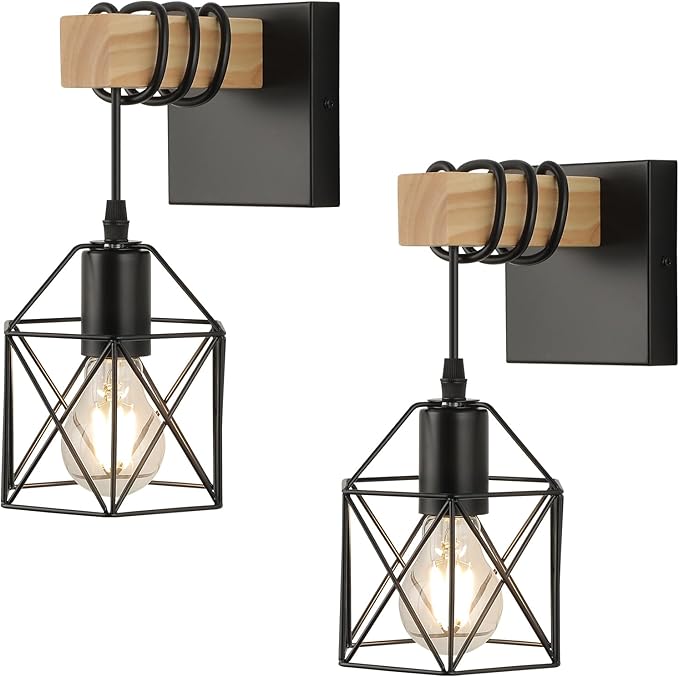 Plug in Wall Sconces Set of Two, Farmhouse Wall Mount Lighting, Black Vanity Lights Fixture for Bathroom with Metal Cage Shade, Wood Rustic Wall Lamp for Hallway, Living Room, Mirror, Bedroom