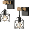 Plug in Wall Sconces Set of Two, Farmhouse Wall Mount Lighting, Black Vanity Lights Fixture for Bathroom with Metal Cage Shade, Wood Rustic Wall Lamp for Hallway, Living Room, Mirror, Bedroom