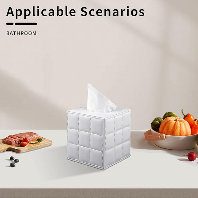 Tissue Box Cover Square,Stylish PU Leather Tissue Box Holder for Dresser Bathroom,Facial Tissue Holder with Magnetic Bottom for Home Office (White)