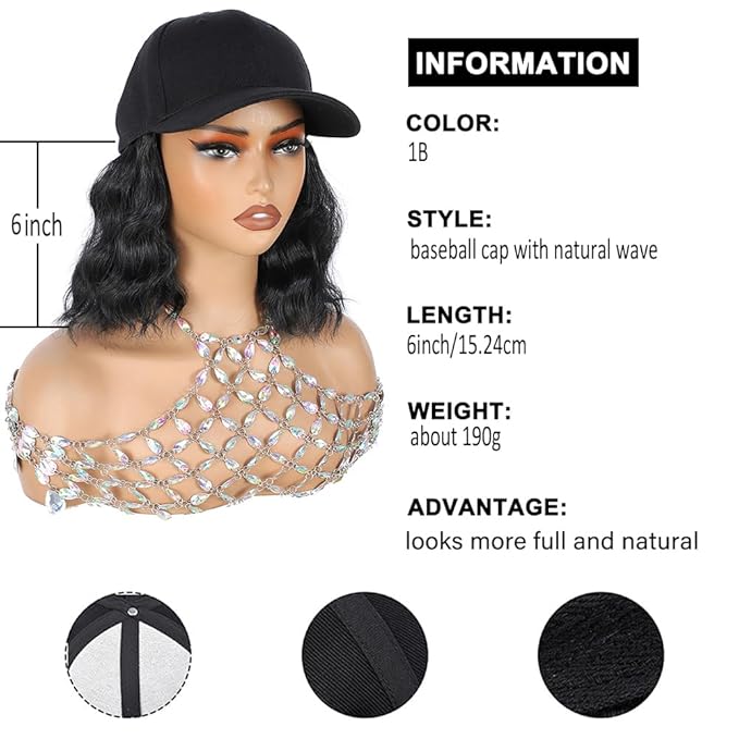 GUOJIAN Hat Wigs for Women 6' Short Wave Baseball Cap Wigs with Curly Hair Extensions Synthetic Wave Wig Adjustable Hat with Hair Attached for Daily Use (1B, 6inch)