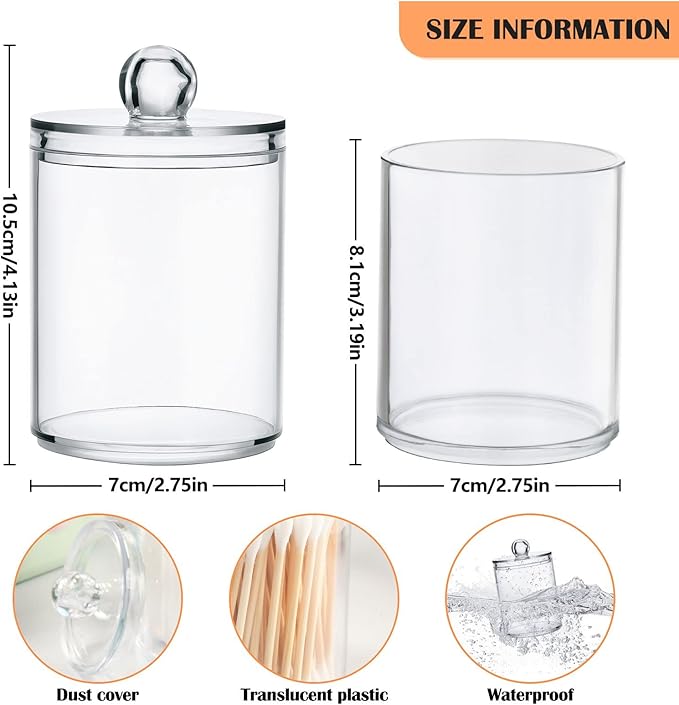White Qtip Holder Organizer Dispenser Cotton Swabs Cans Plastic Jars with Lid Set 2 Pack Bathroom Storage Canister for Cotton Ball Floss Cotton Pads