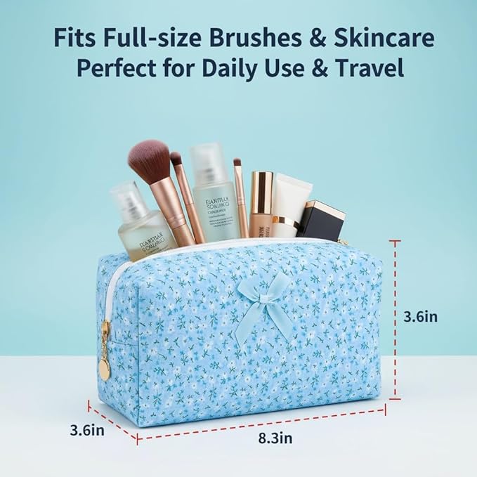 Floral Quilted Cotton Makeup Bag for Women, Large Capacity Travel Cosmetic Pouch with Zipper, Cute Toiletry & Brush Organizer, Kawaii Makeup Storage Case – Blue Floral