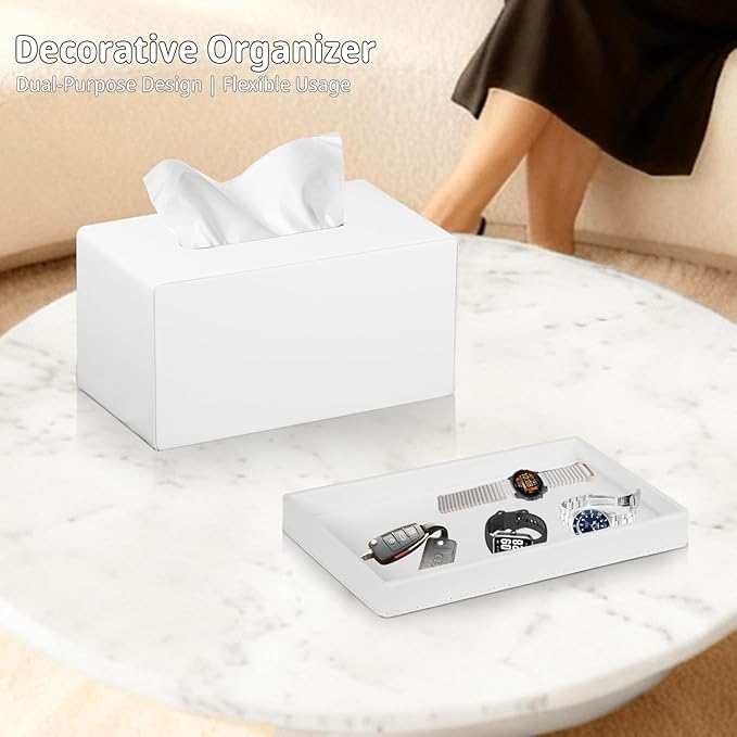 PU Leather Tissue Box Cover Rectangle with Detachable Storage Tray,Fits 230-Count Box Tall Rectangular,Modern Decorative Tissue Box Holder/Organizer for Bathroom,Bedroom Dresser,Night Stand