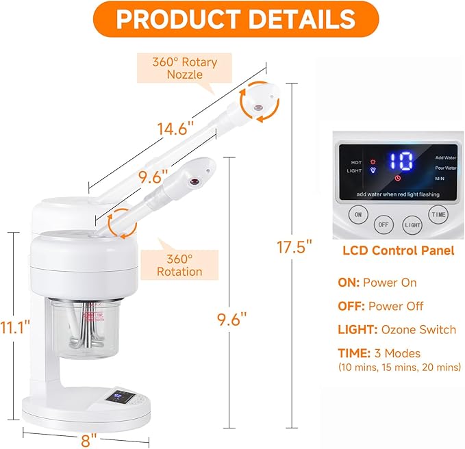 Nano Ionic Facial Steamer, Portable Face Steamer with LCD Screen, Extendable 360° Rotating Arm, Rotatable Nozzle, Hot Mist Function for Personal Care at Home or Salon