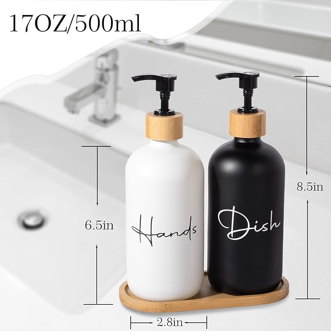 17 oz Hand Soap Dispenser Empty Glass Lotion Pump Bottles, Refillable Liquid Dish Soap Bottles for Bathroom, Kitchen Sink, Black + White, 2 Pack