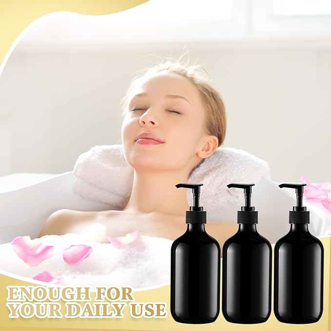 Sliner 6 Pcs Shampoo and Conditioner Dispenser Bottles 16.9 oz Plastic Shower Bottles with Pump and 1 Silicone Funnel Reusable Hand Soap Containers for Bathroom Shower(Black)