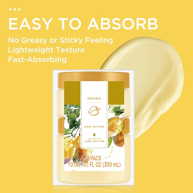 Princess Belle Mango Body Butter, Body Moisturizer for Dry Skin, Body Butter for Women Smell Good, Mango Gifts for Women-2 Pack (3.4floz + 6.8 floz)