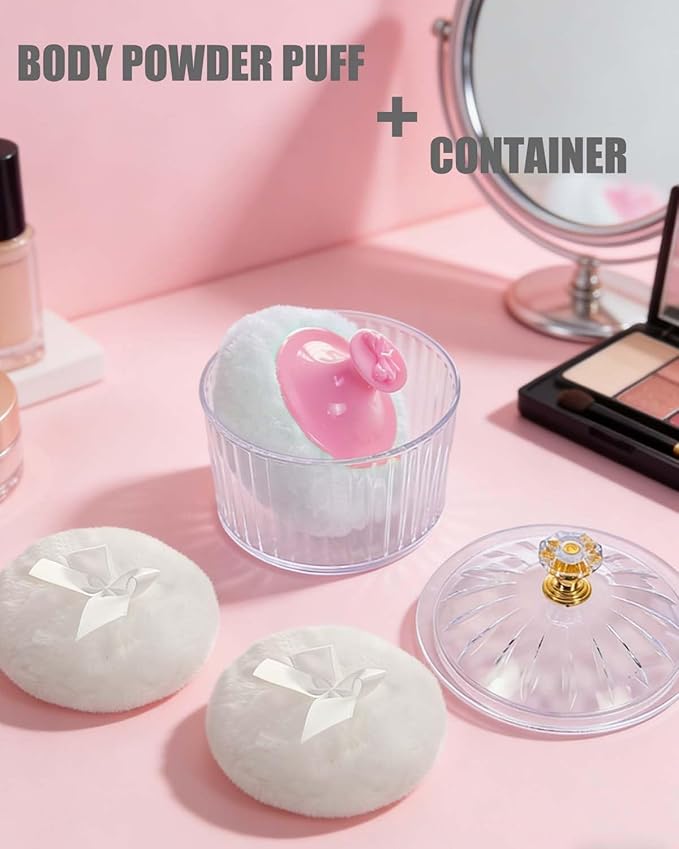 5Pcs Dusting Powder Container with Puff Set - 4 Pcs 3.15 inche Large Fluffy Puff, Leak-Proof Acrylic Case & Ergonomic Handle for Baby Care & Makeup (Body/Face Powder Applicator)
