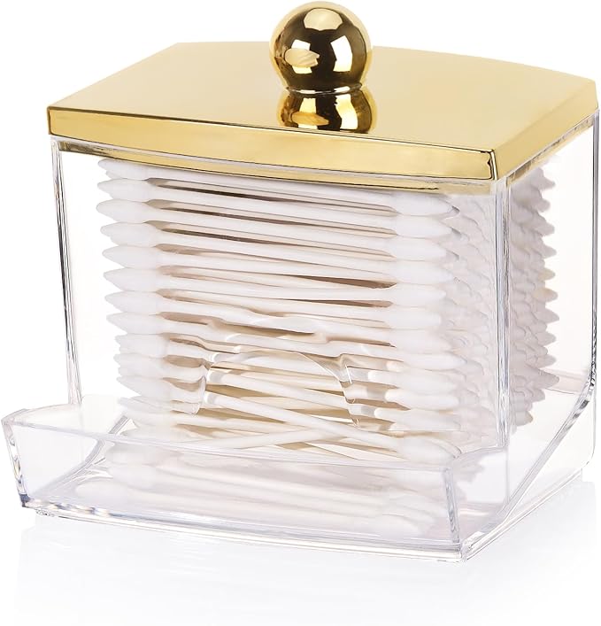Tbestmax 10oz Qtip Holder Dispenser L Size Bathroom Container with Gold Lid for Bathroom Organizer Accessories Decor Storage-Qtips Cotton Ball Holder