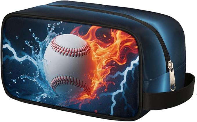 Abstract Fire Water Baseball Kids Toiletry Bag for Boys Girls, Cosmetic Makeup Bag with Handle, Travel Shaving Kit Organizer, Waterproof Portable Wash Bag for Gym Vacation Camping Sports